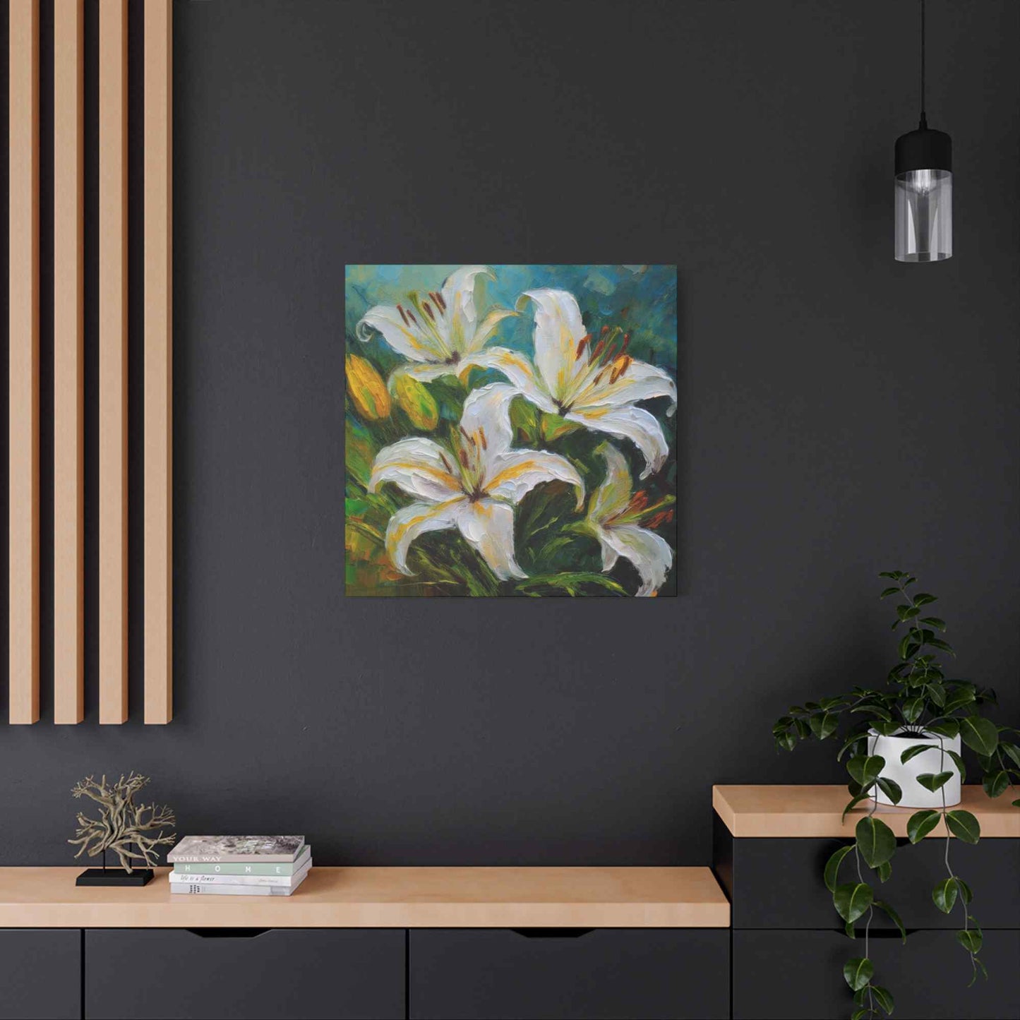 White Lilies Print Canvas, Floral Oil Paint Print 20x20, 24x24, 30x30, 32x32, 36x36 Art Design Pine-Wood Inner Frame MC-153