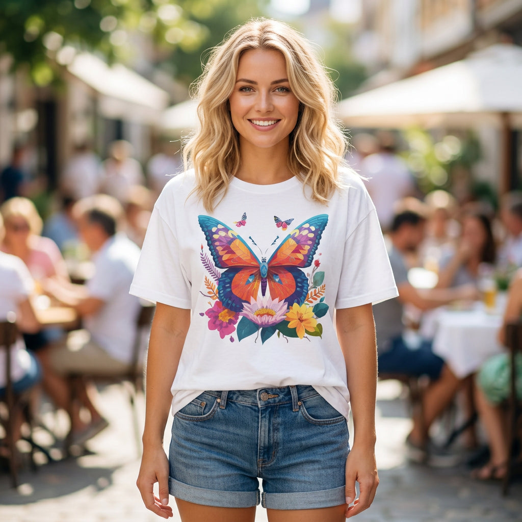 Colorful Butterfly Illustration T-Shirt | Floral Wings Print Graphic Tee Unisex 100 Cotton Gildan T-Shirt