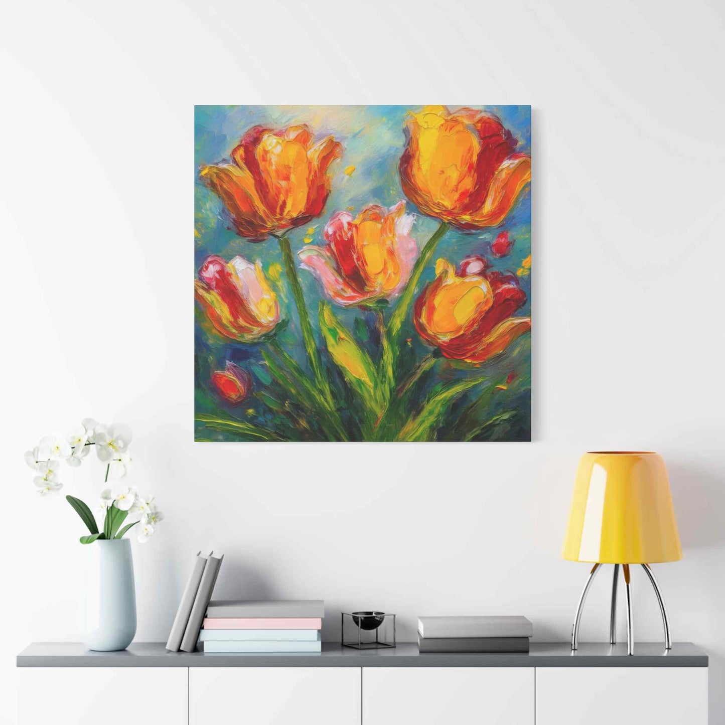 Tulips Print Canvas, Floral Oil Paint Print 20x20, 24x24, 30x30, 32x32, 36x36 Art Design Pine-Wood Inner Frame MC-144