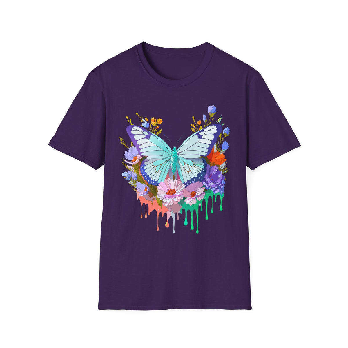 Butterfly Floral Drip T-Shirt — Teal Butterfly with Watercolor Flowers Graphic Tee Unisex 100 Cotton Gildan T-Shirt