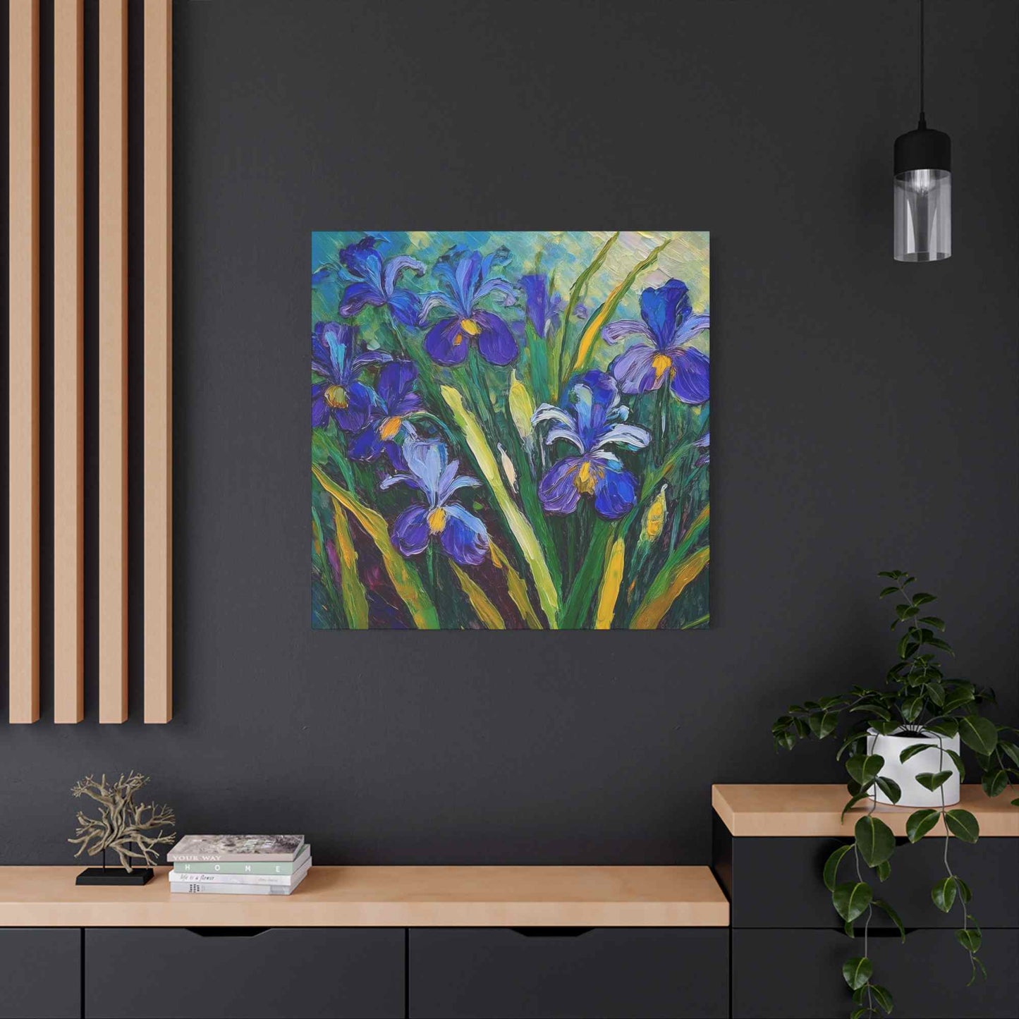 Irises Floral Print Canvas, Floral Oil Paint Print 20x20, 24x24, 30x30, 32x32, 36x36 Art Design Pine-Wood Inner Frame MC-187