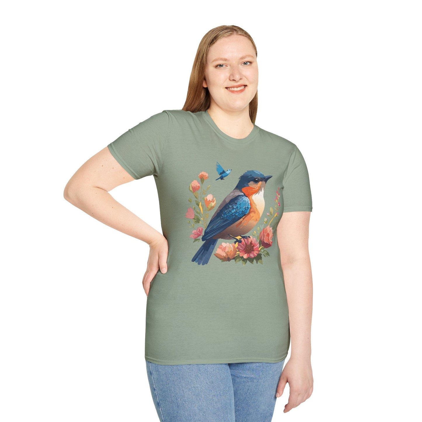 Unisex Floral Bird T Shirt Softstyle 64000 Gildan Ring Spun Cotton Tee Relaxed Fit