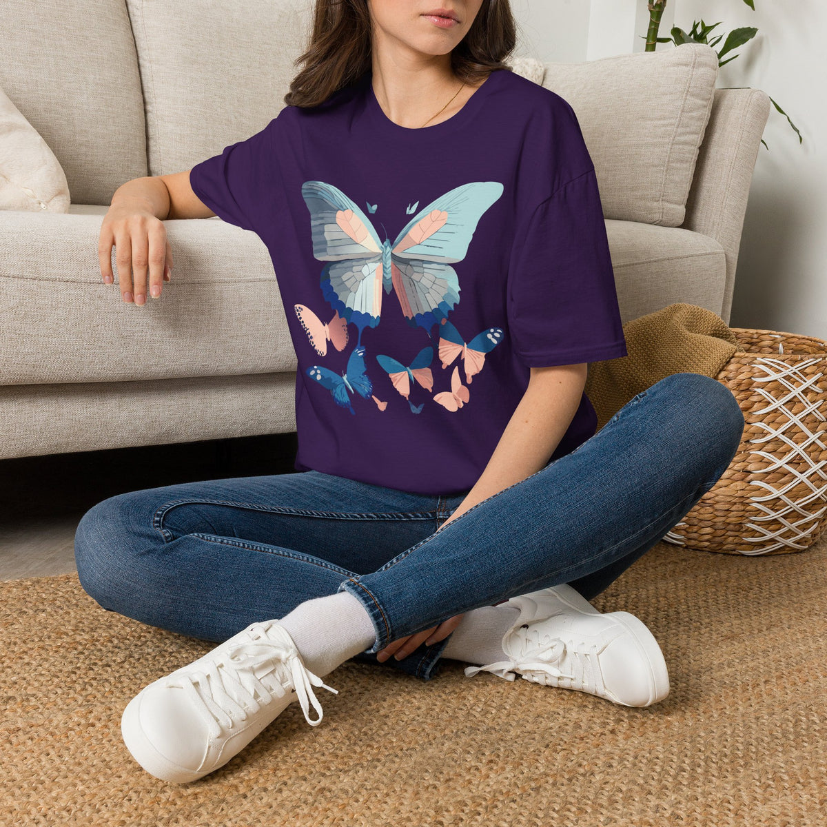 Butterfly Trio T‑Shirt — Pastel Blue & Peach Butterfly Graphic Design Unisex 100 Cotton Gildan T-Shirt