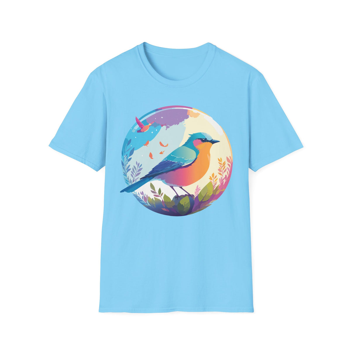 Colorful Bird Illustration T-Shirt | Rainbow Songbird Circle Art