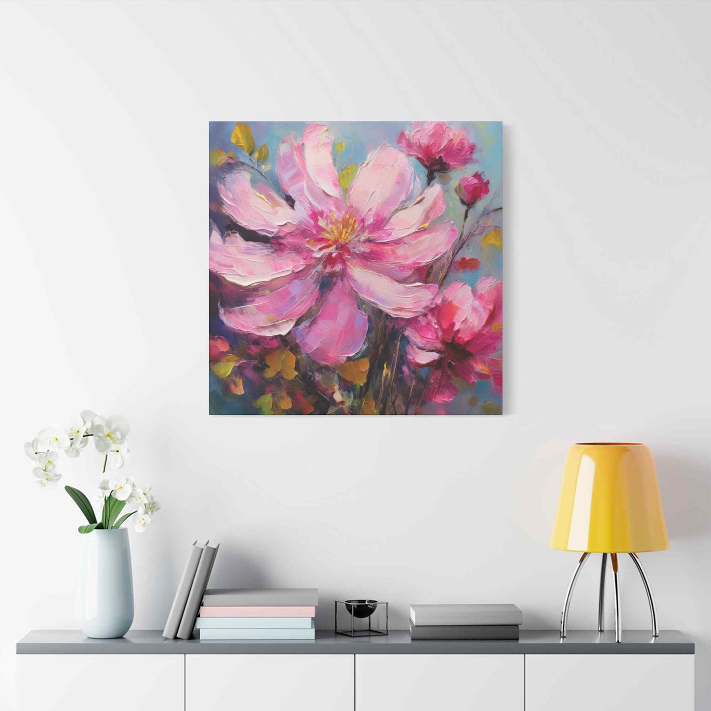 Pink Flowers Print Canvas, Pink Flowers Oil Paint Print 20x20, 24x24, 30x30, 32x32, 36x36, Art Design Print Non-Frame MC-12