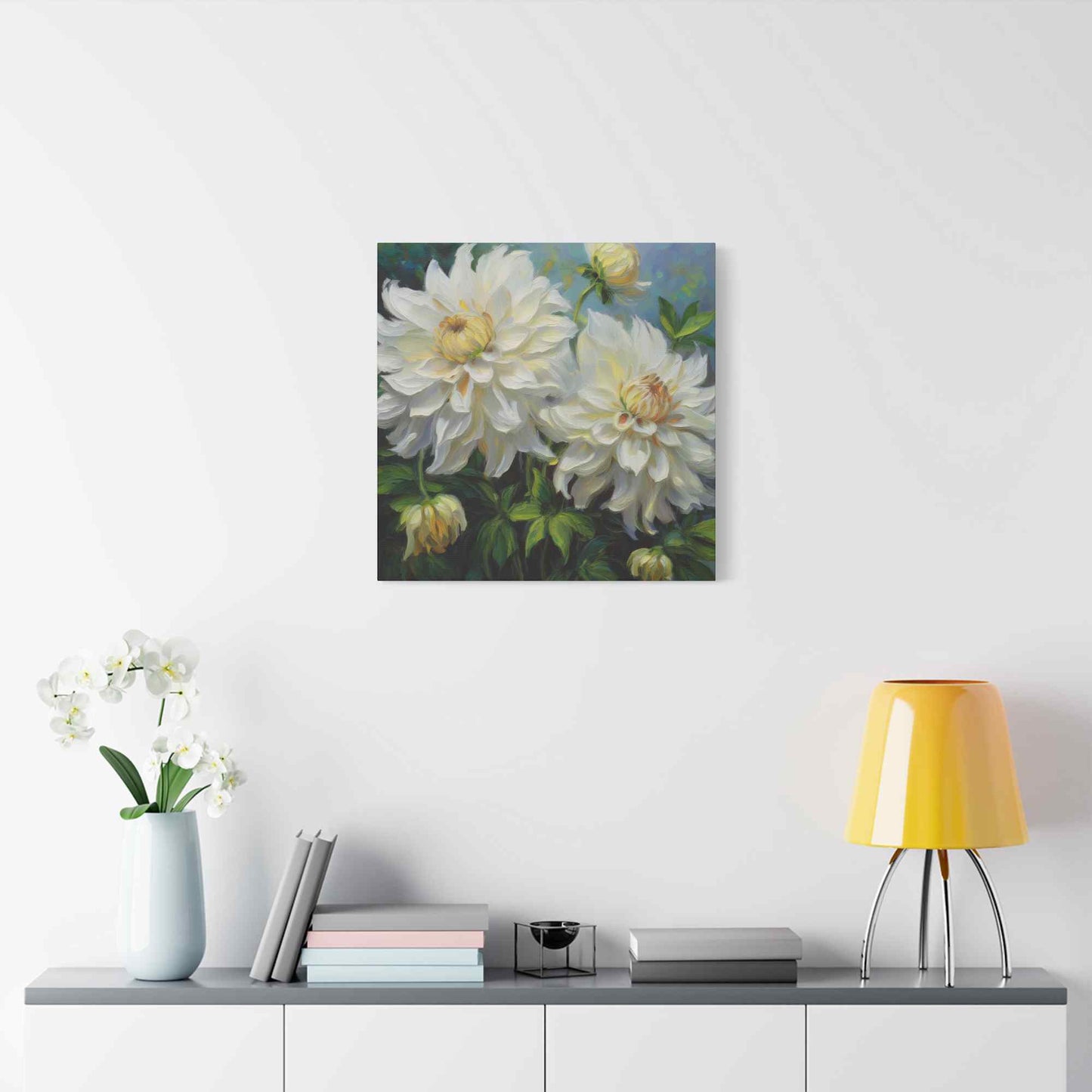 White Dahlias Print Canvas, Floral Oil Paint Print 20x20, 24x24, 30x30, 32x32, 36x36 Art Design Pine-Wood Inner Frame MC-170