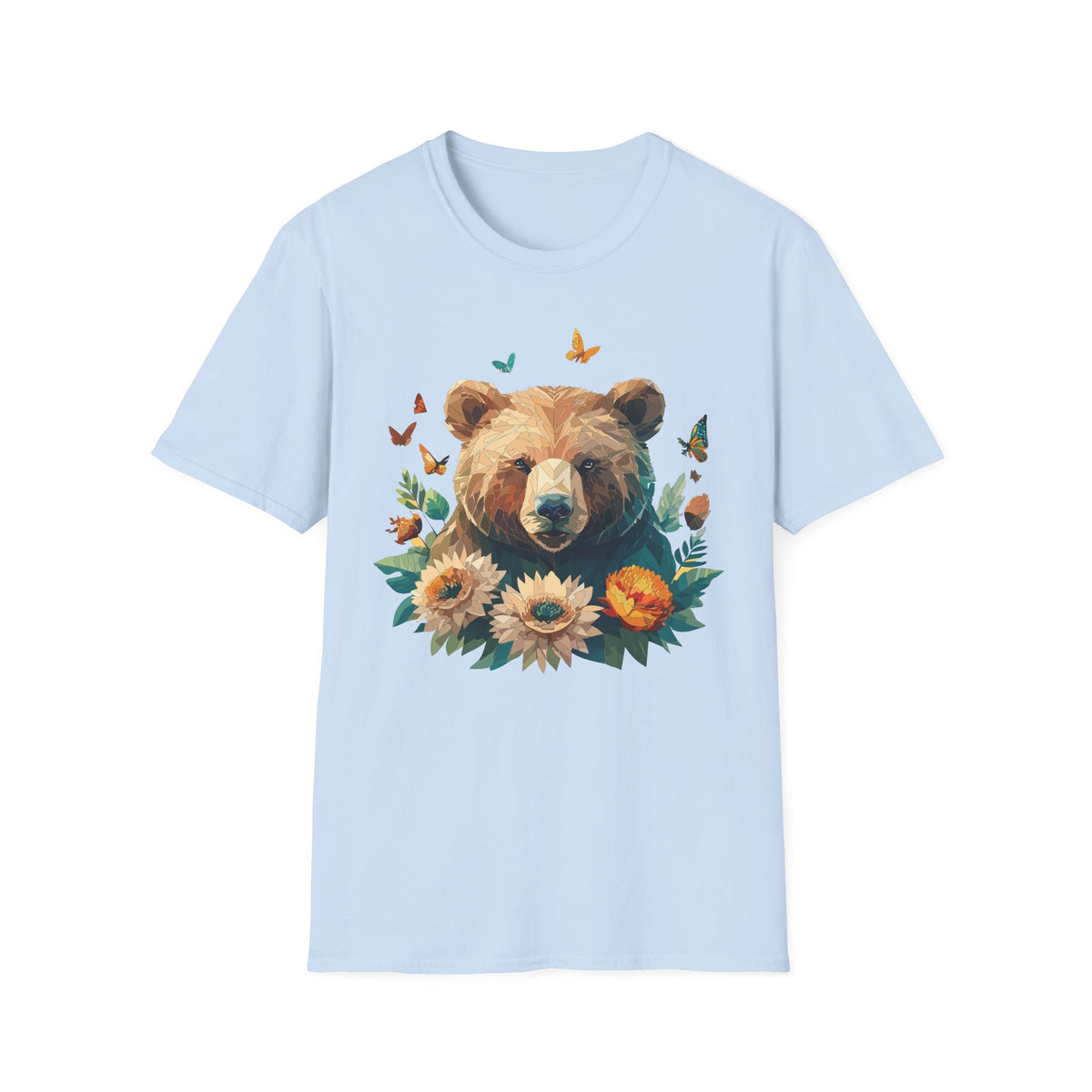 Floral Bear Illustration T-Shirt | Bear with Sunflowers and Butterflies