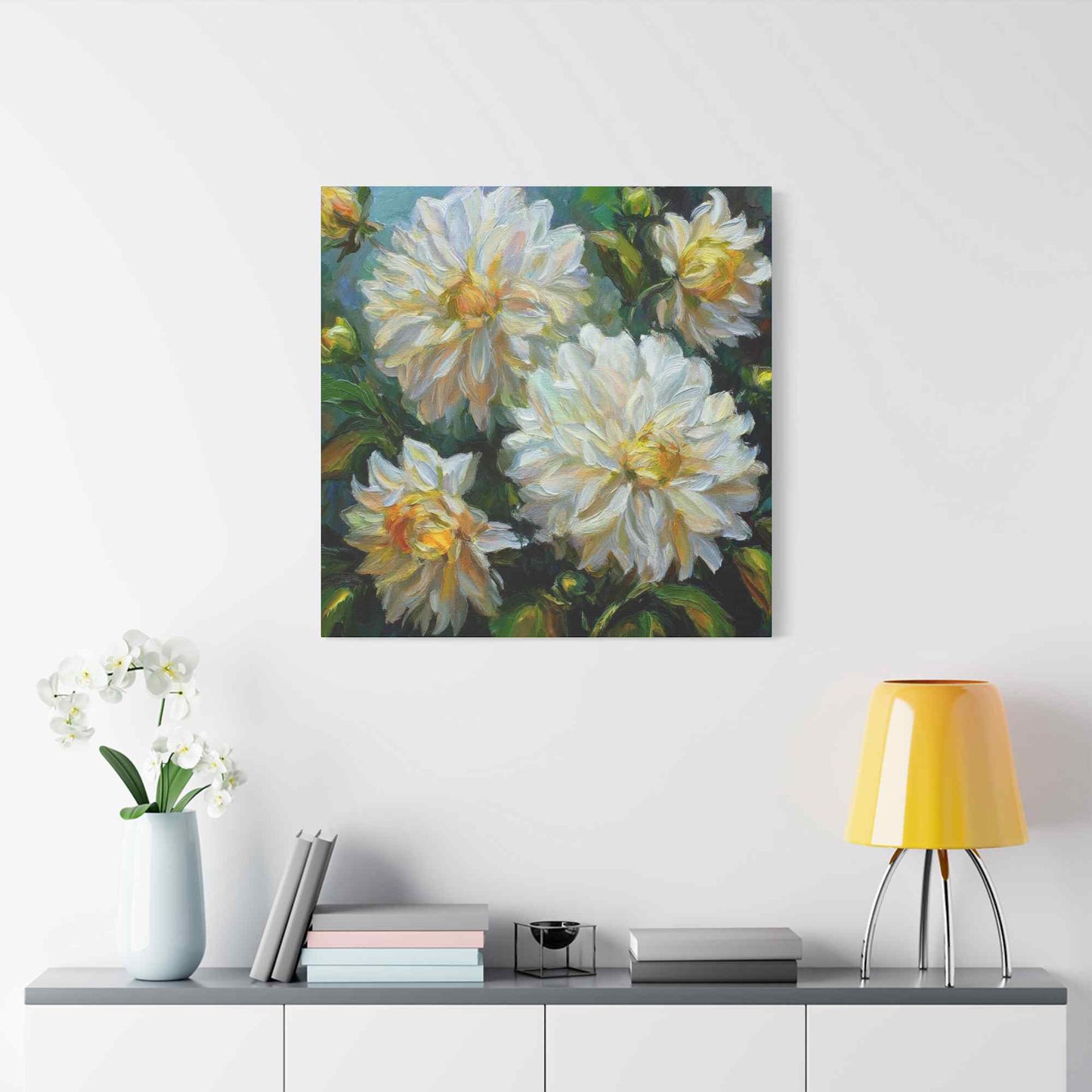 White Dahlias Print Canvas, Floral Oil Paint Print 20x20, 24x24, 30x30, 32x32, 36x36 Art Design Pine-Wood Inner Frame MC-169