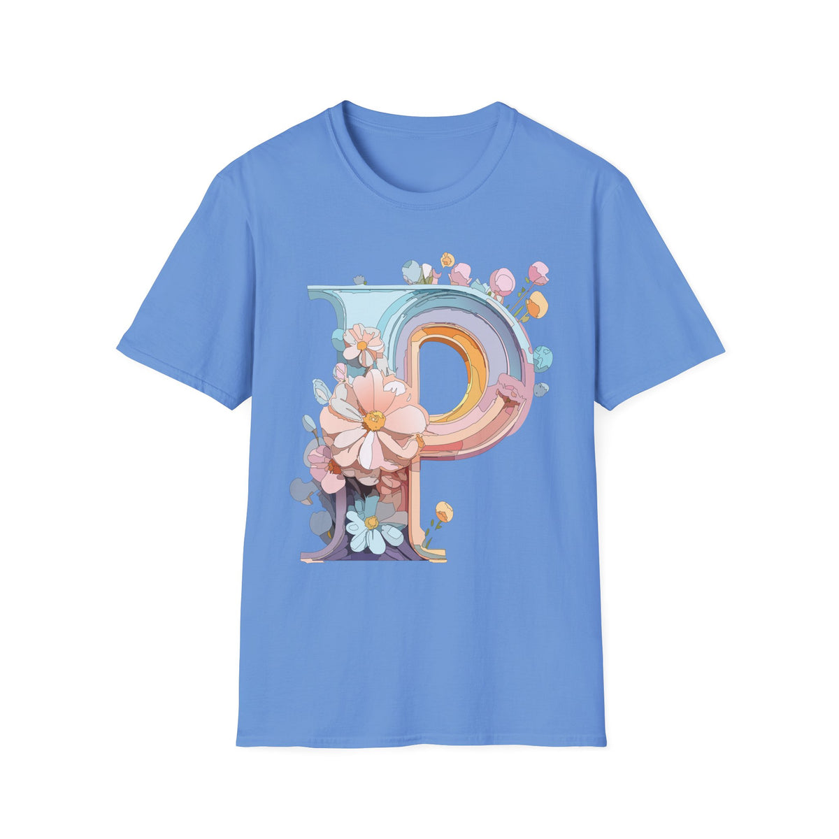 Floral Letter P T-Shirt | Pastel Rainbow Monogram Tee