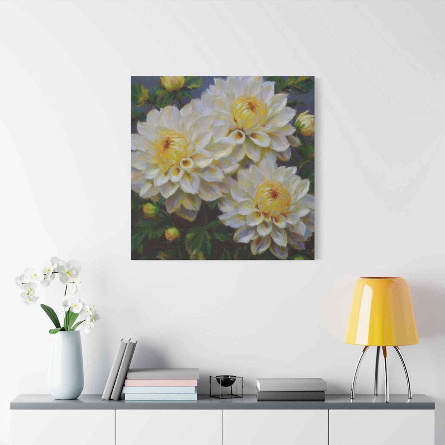 White Dahlias Print Canvas, Floral Oil Paint Print 20x20, 24x24, 30x30, 32x32, 36x36 Art Design Pine-Wood Inner Frame MC-168