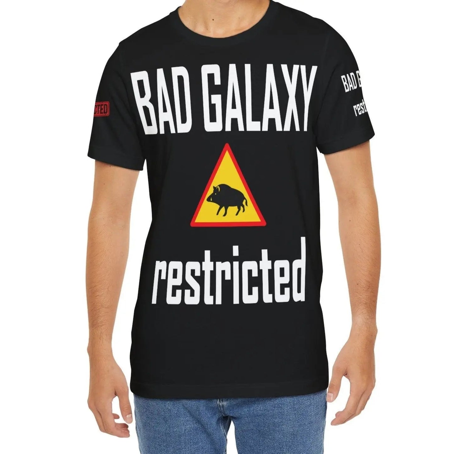 Tee Shirt With Red Stamp From Bad Galaxy Made To Order 100 Percent Cotton USA Printed With Eco Inks