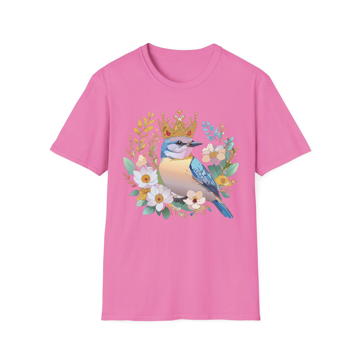 Crowned Bluebird Illustration T-Shirt | Floral Bird Crown Design