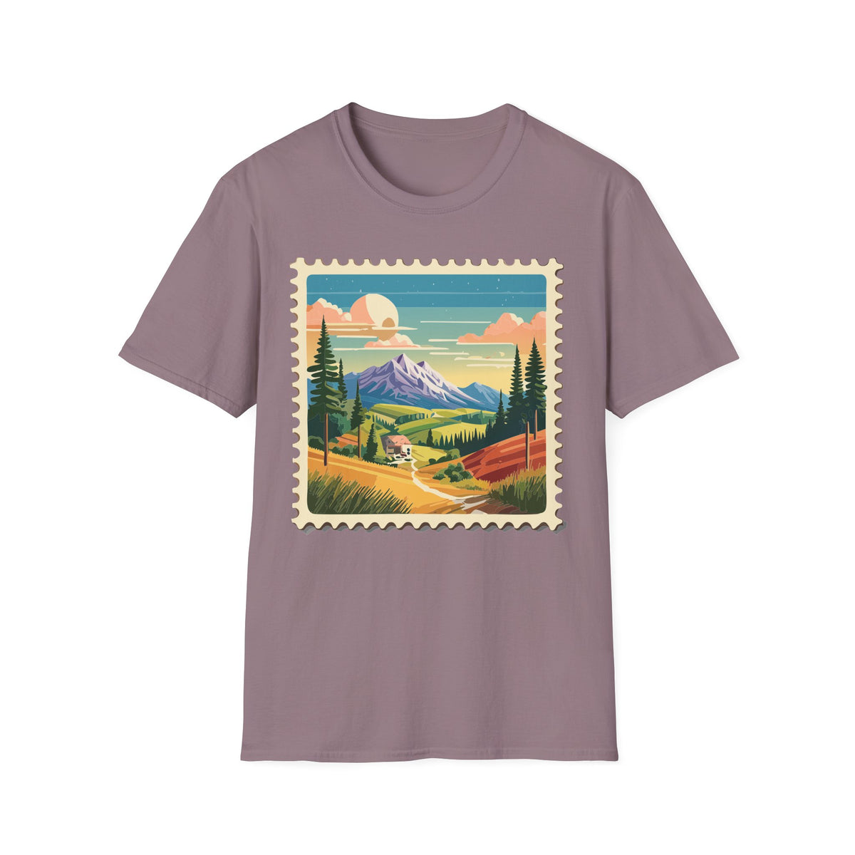 Mountain Landscape Stamp T-Shirt | Retro Sunset Scenic Tee