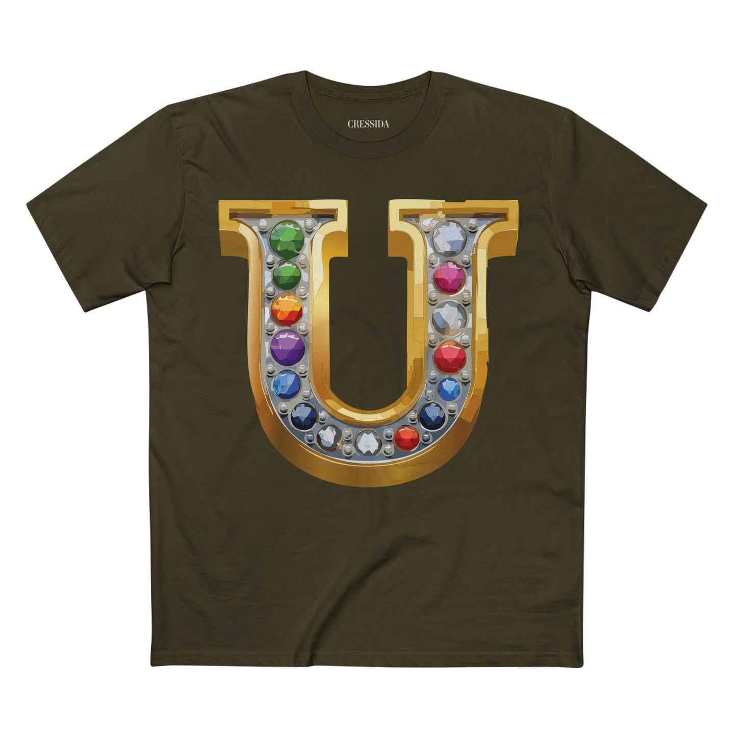Letter U Graphic Design Tee Unisex 100 Cotton With Antique Gold Letters Artwork T-Shirt