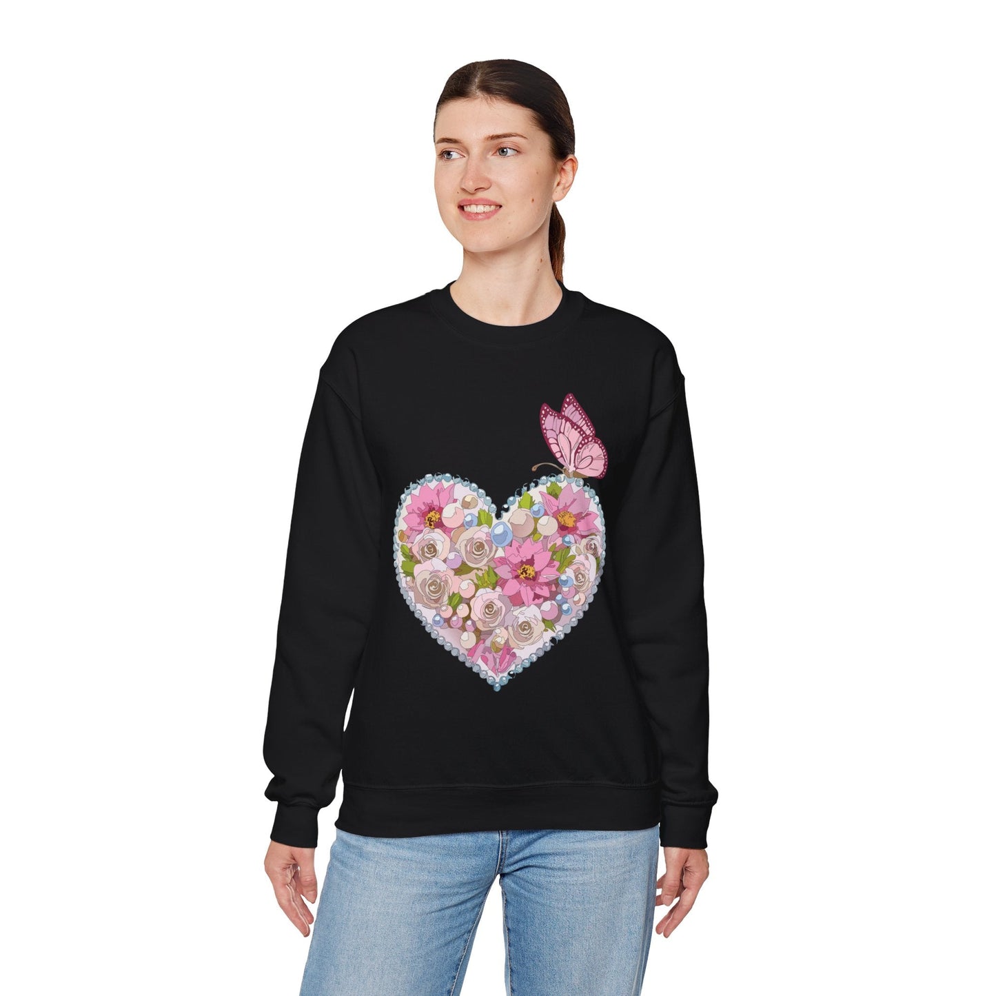 Floral Heart Sweatshirt Unisex Crewneck Valentines Day 50 50 Heavy Blend Gildan 18000
