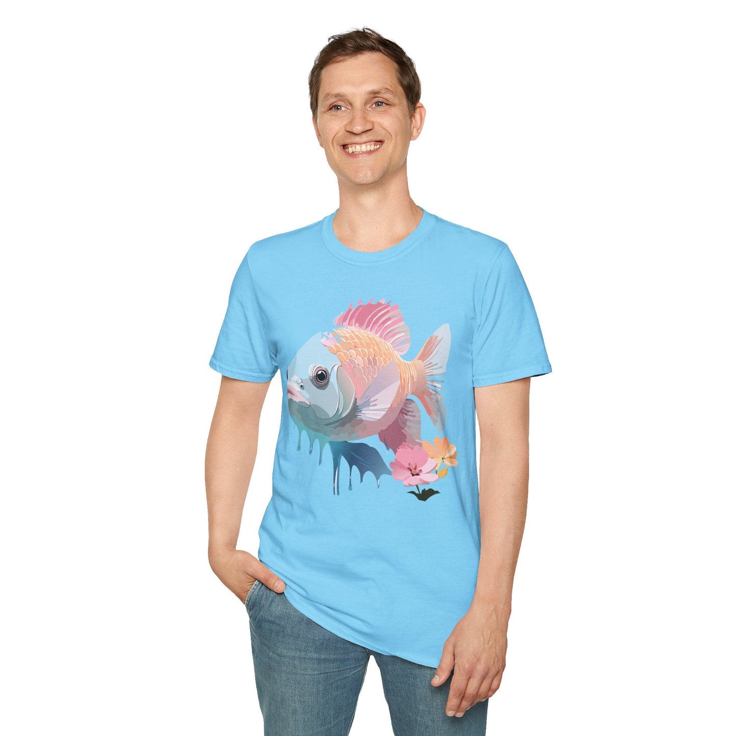 Fish Art Design Shirt Unisex Graphic Tee 100 Percent Ring Spun Cotton Softstyle Gildan 64000