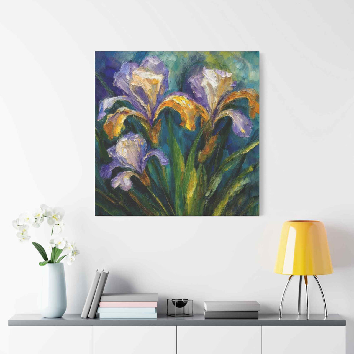 Irises Floral Print Canvas, Floral Oil Paint Print 20x20, 24x24, 30x30, 32x32, 36x36 Art Design Pine-Wood Inner Frame MC-183