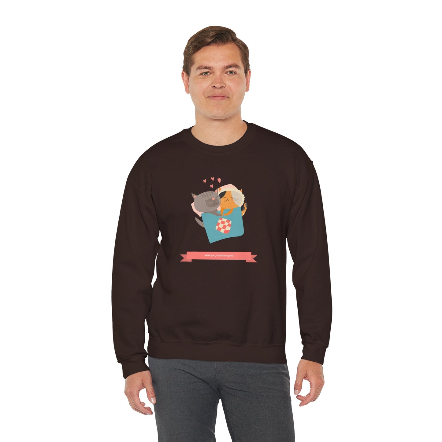 Cat Heart Sweatshirt Unisex Valentines Day 50 50 Cotton Poly Crewneck Gildan 18000