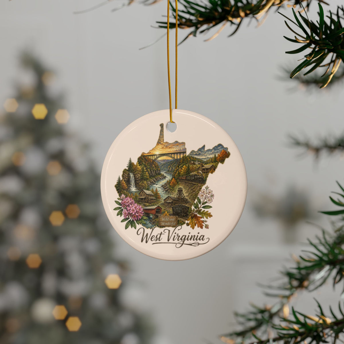West Virginia State Map Ornament | Ceramic Round Ornament - 2.99" Includes Gold String