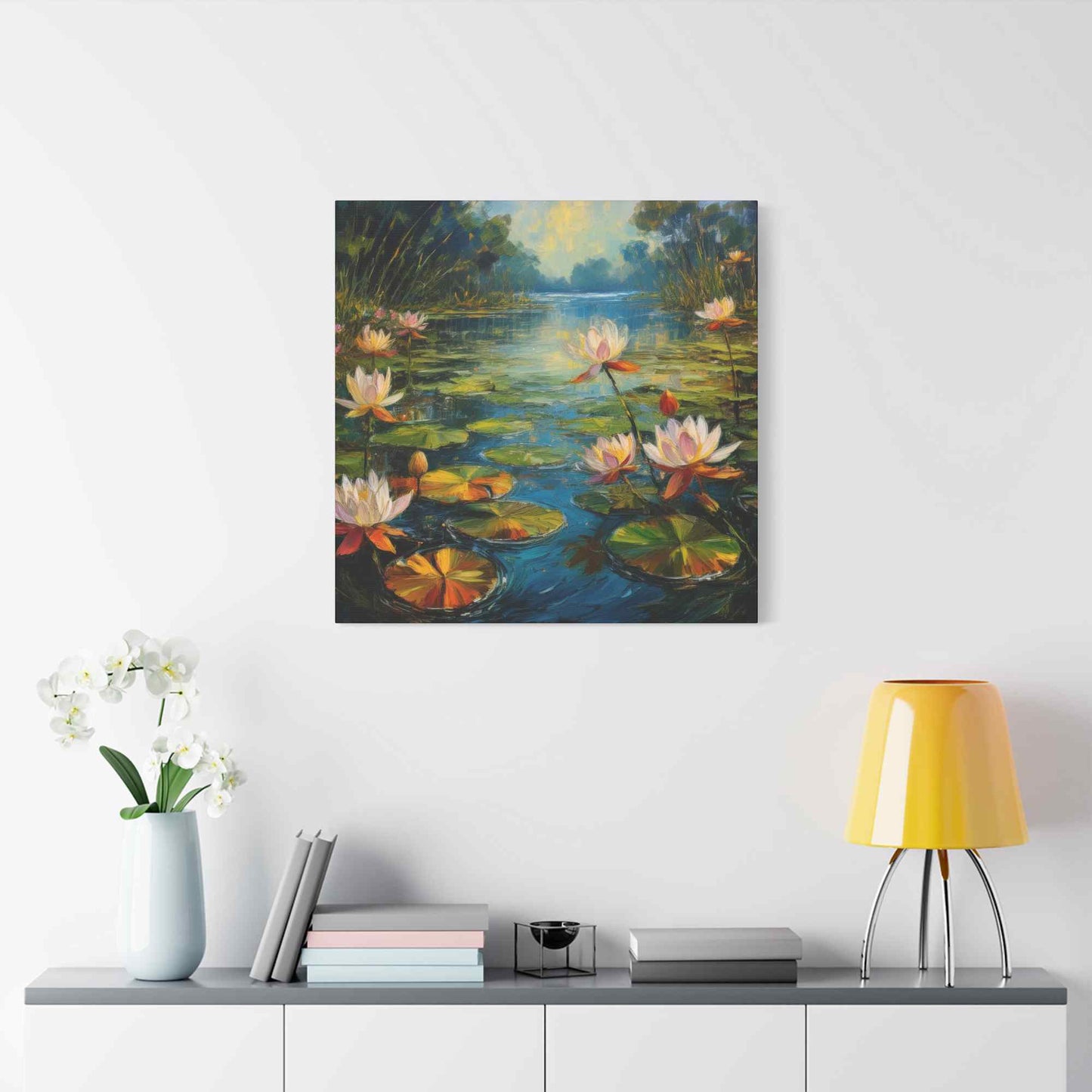 Water Lilies Print Canvas, Oil Paint Print 20x20, 24x24, 30x30, 32x32, 36x36 Art Design Print Pine-Wood Inner Frame MC-62
