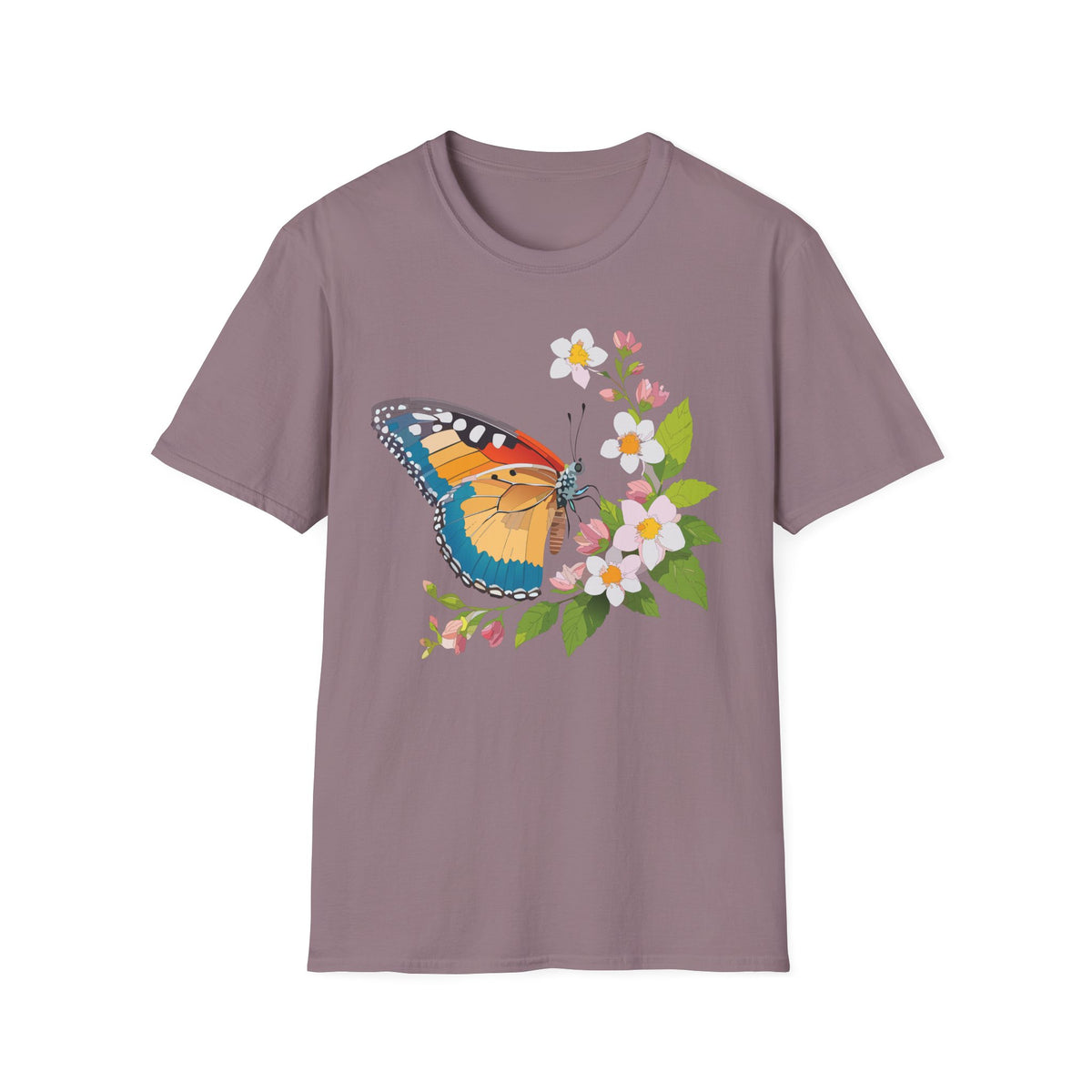 Butterfly Floral T-Shirt — Colorful Monarch with Blossoms Graphic Design Unisex 100 Cotton Gildan T-Shirt