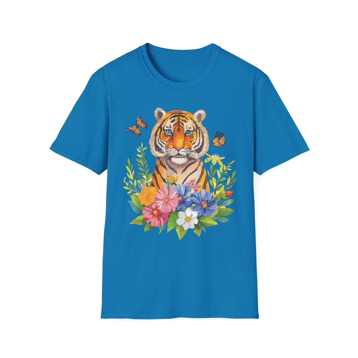 Tiger Portrait T-Shirt | Watercolor Tiger with Butterflies and Floral Accents