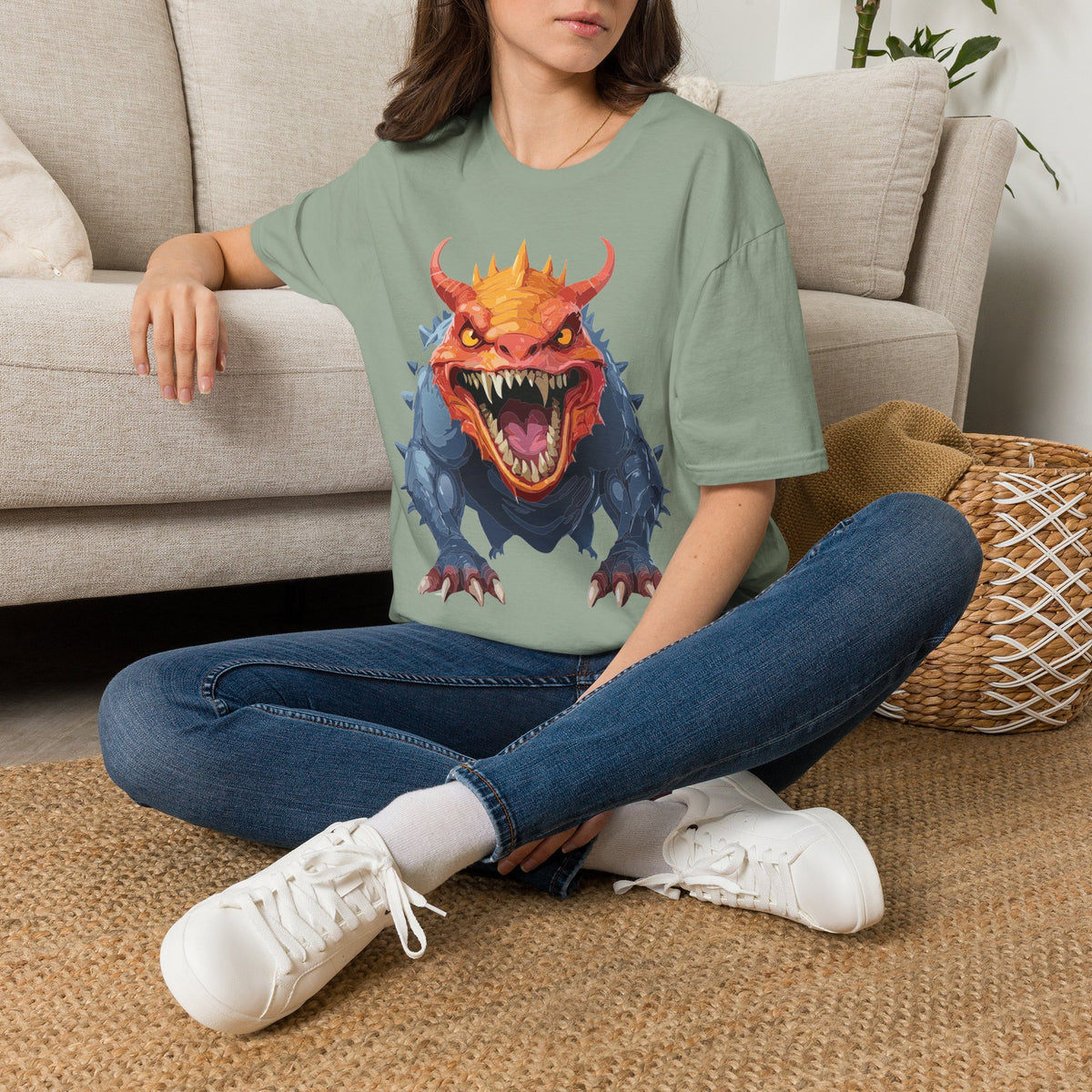 Dragon Monster T-Shirt — Fierce Orange & Blue Fantasy Creature Cartoon Graphic Tee Unisex 100 Cotton Gildan T-Shirt