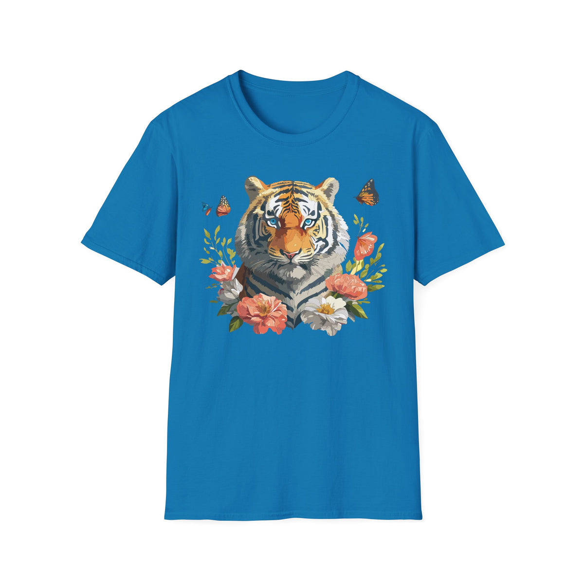 Floral Tiger Portrait T-Shirt | Watercolor Big Cat with Butterflies