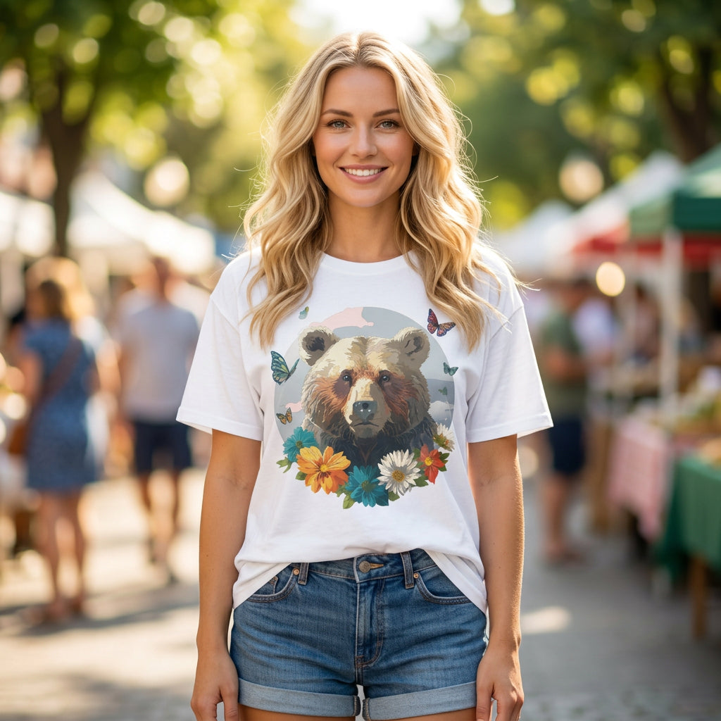 Bear Portrait with Butterflies T-Shirt | Floral Nature Animal Graphic Tee Unisex 100 Cotton Gildan T-Shirt