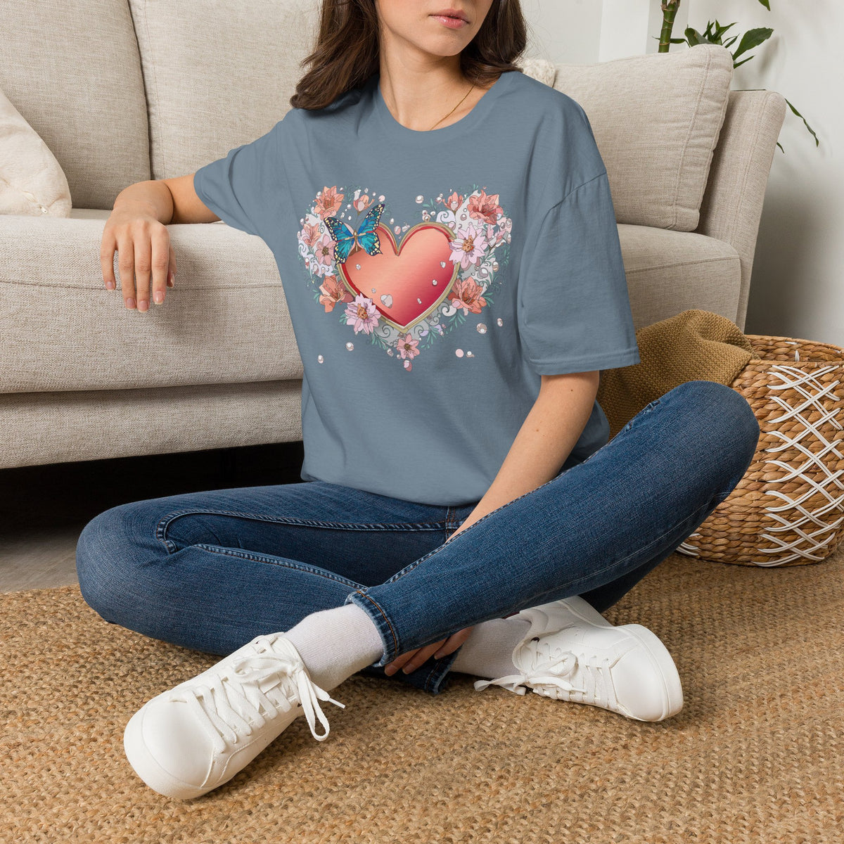 Butterfly Heart Floral Blue Butterfly Graphic Design Unisex 100 Cotton Gildan T-Shirt