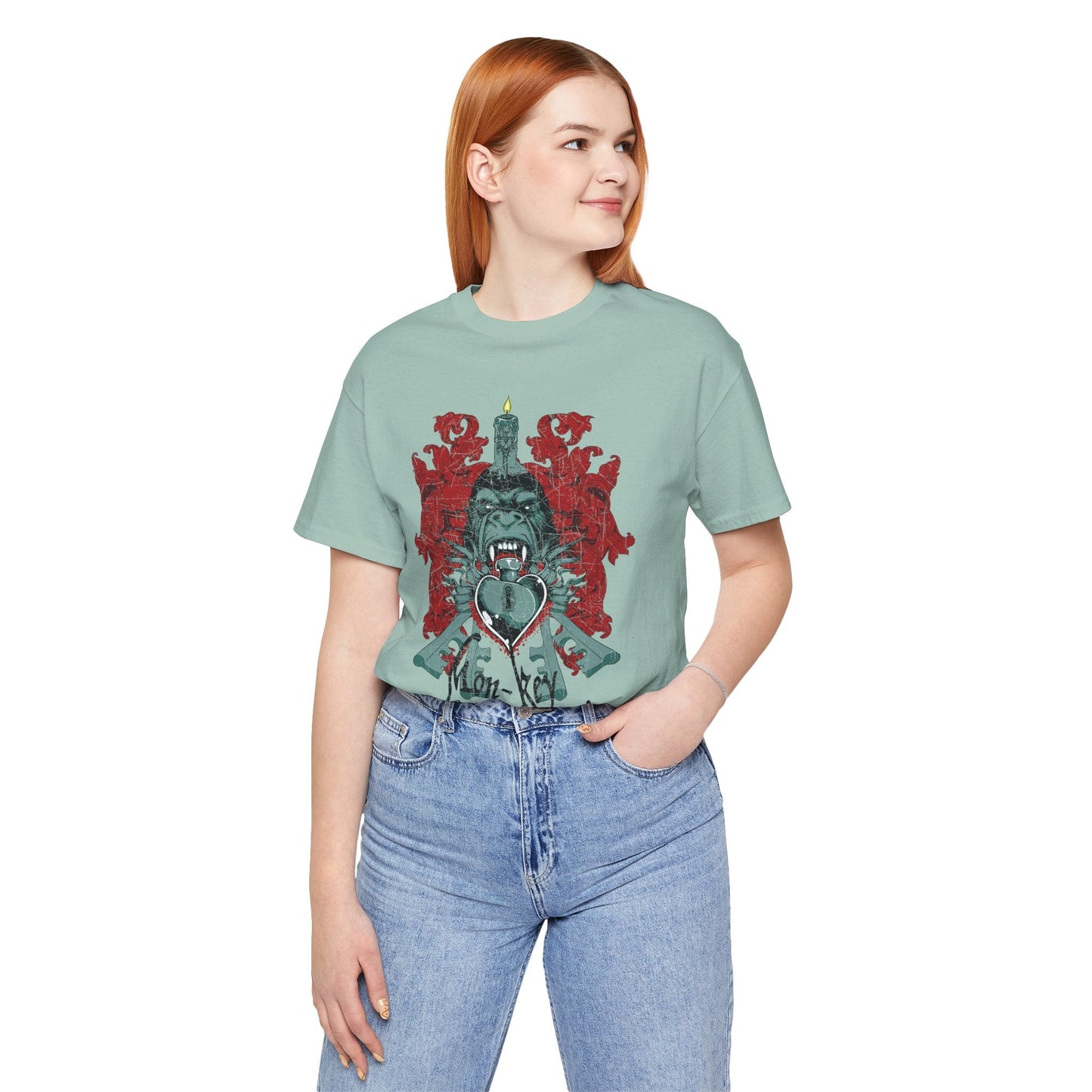 Gorilla Crest with Sword and Heart T-Shirt Heraldic Gothic Design Rock Band T-Shirt