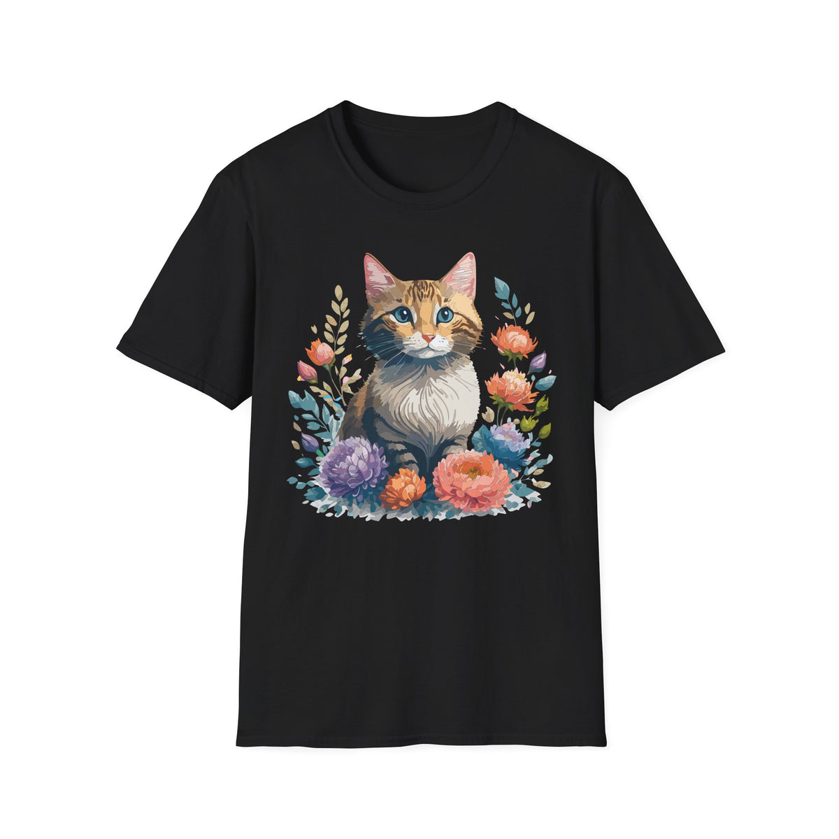Watercolor Cat Portrait T-Shirt | Floral Kitty Illustration