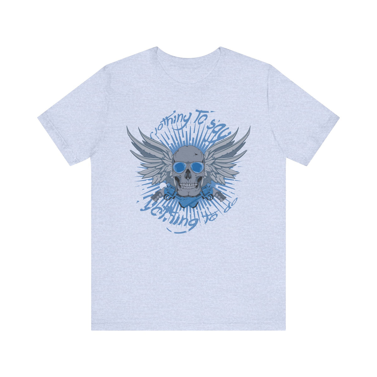 Winged Skull Graphic Tee Blue Skull with Wings Radiant Burst Unisex Cotton