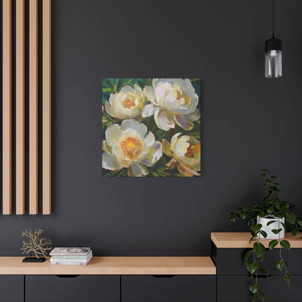 Cream Peonies Print Canvas, Floral Oil Paint Print 20x20, 24x24, 30x30, 32x32, 36x36 Art Design Pine-Wood Inner Frame MC-124