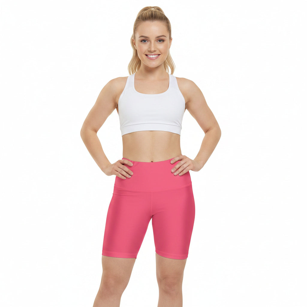 Mid Coral Women's Workout Shorts — High-Waist Biker Shorts (Solid Pink)
