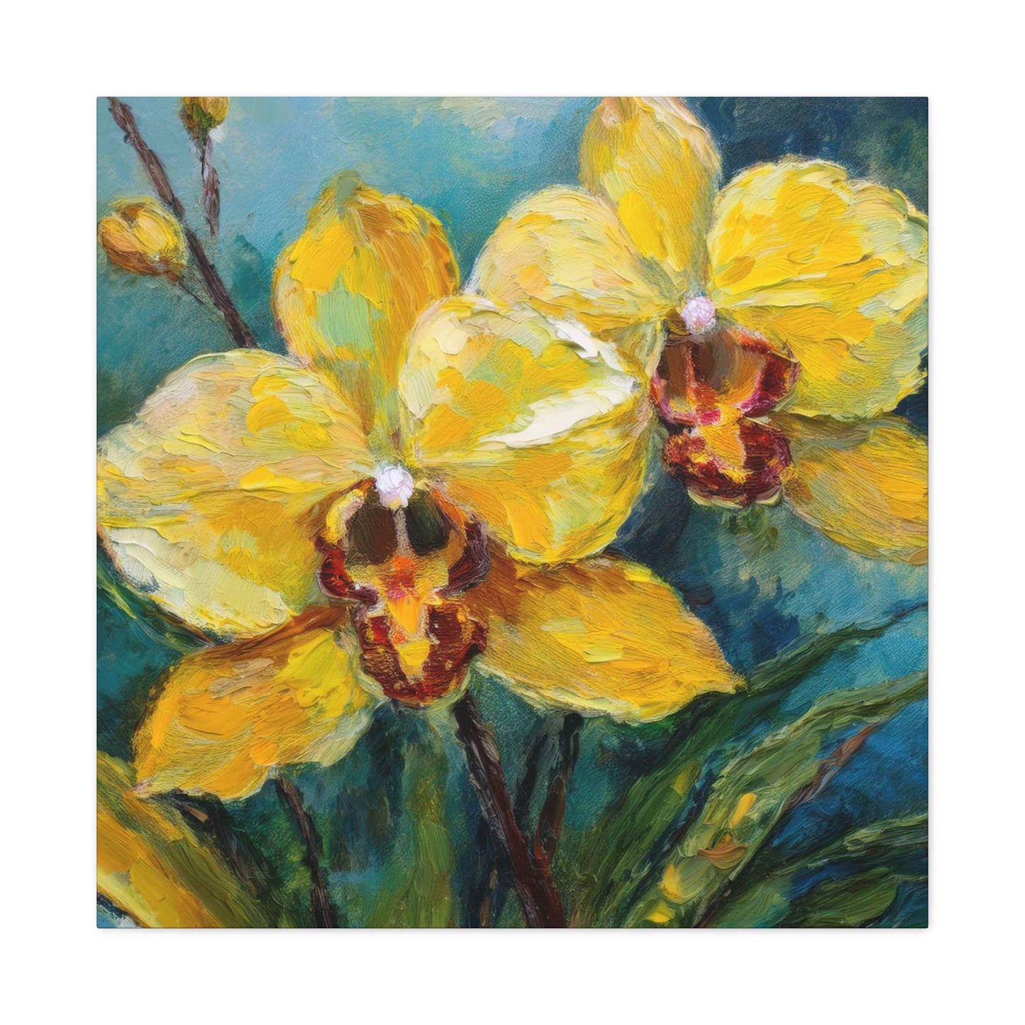 Yellow Orchids Print Canvas, Floral Oil Paint Print 20x20, 24x24, 30x30, 32x32, 36x36 Art Design Pine-Wood Inner Frame MC-139