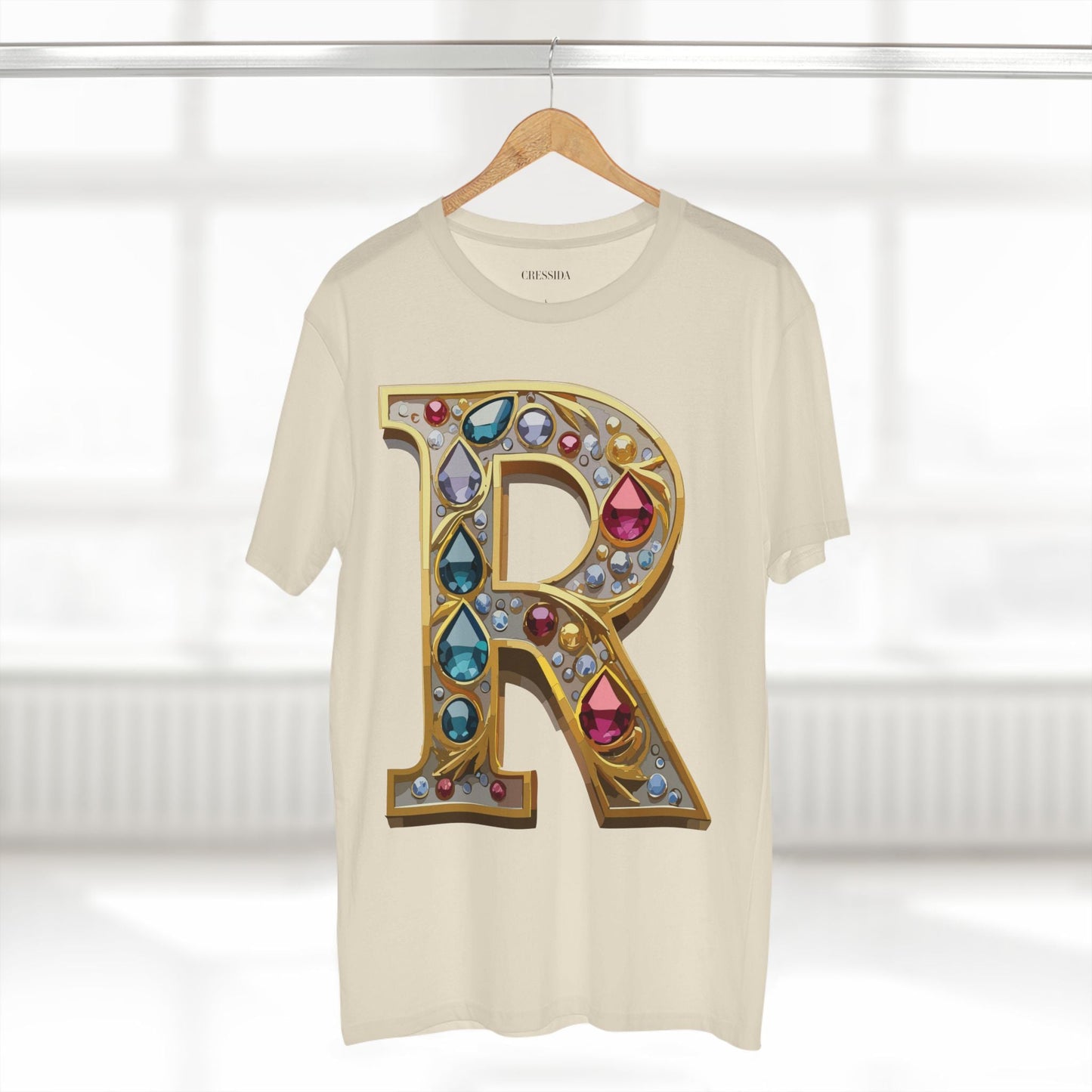 Letter R Graphic Design Tee Unisex 100 Cotton With Antique Gold Letters Artwork T-Shirt