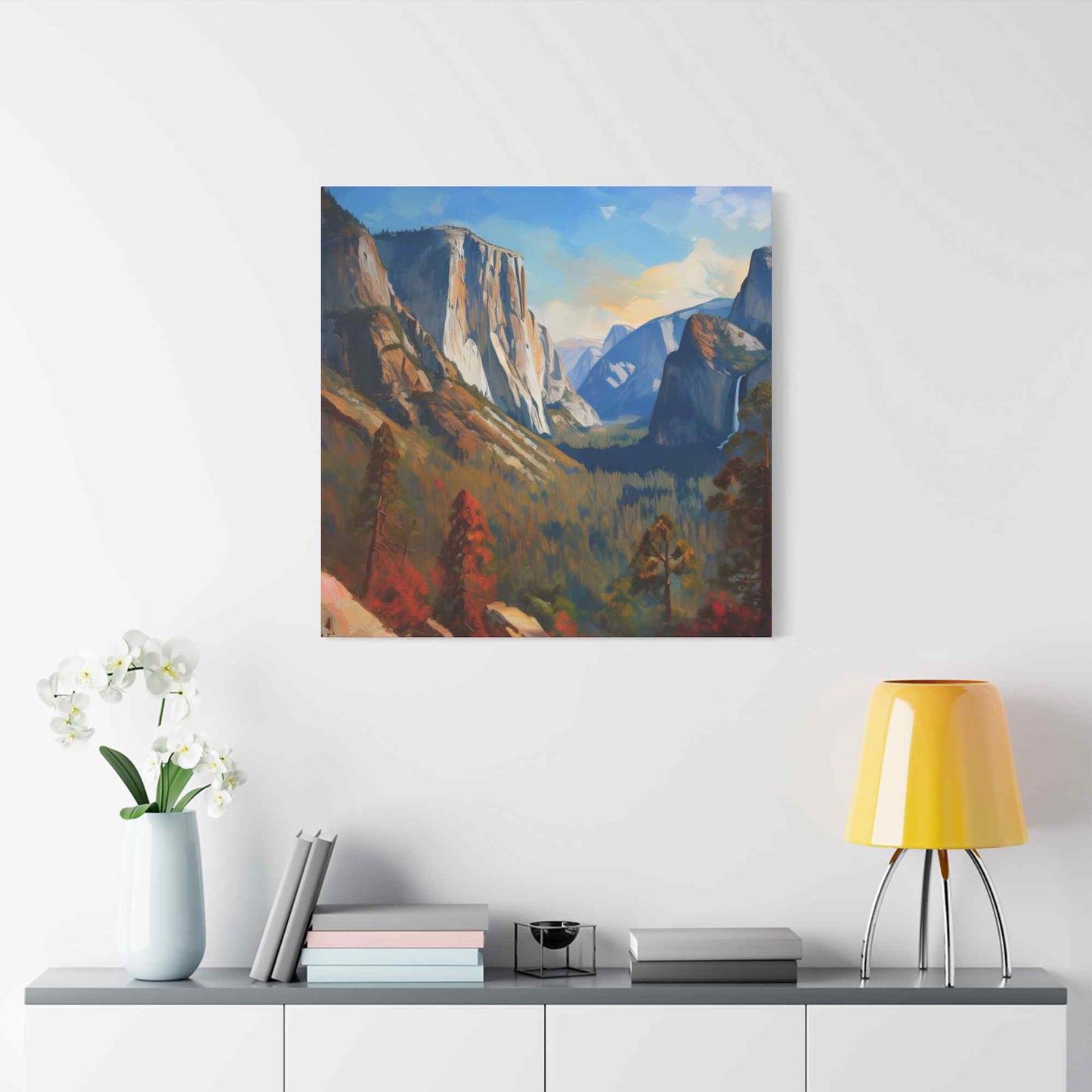 Yosemite valley Print Canvas, Oil Paint Print 20x20, 24x24, 30x30, 32x32, 36x36 Art Design Print Pine-Wood Inner Frame MC-59