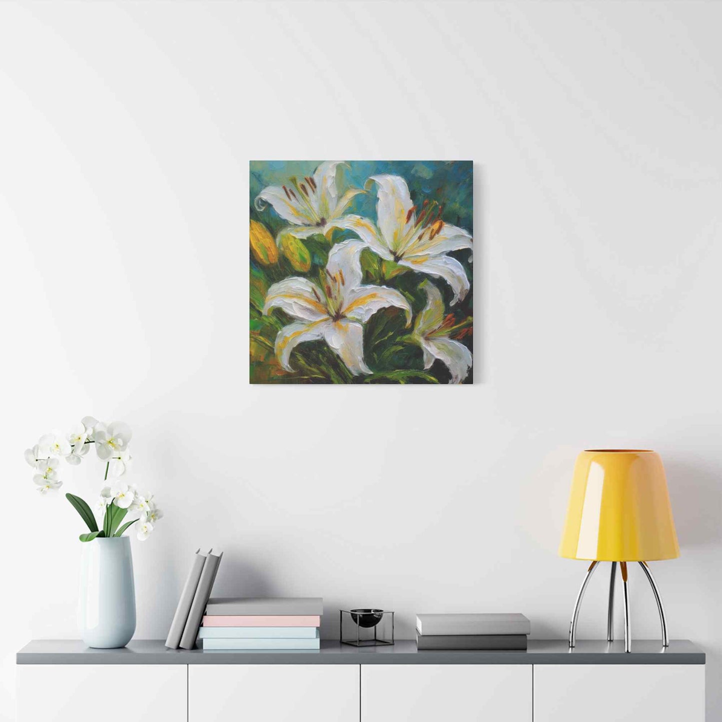 White Lilies Print Canvas, Floral Oil Paint Print 20x20, 24x24, 30x30, 32x32, 36x36 Art Design Pine-Wood Inner Frame MC-153