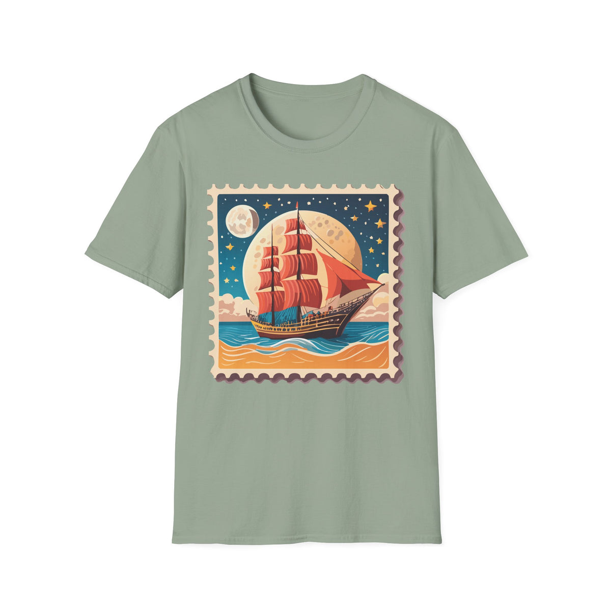 Vintage Sailing Ship Stamp T-Shirt | Retro Moonlit Ocean Illustration