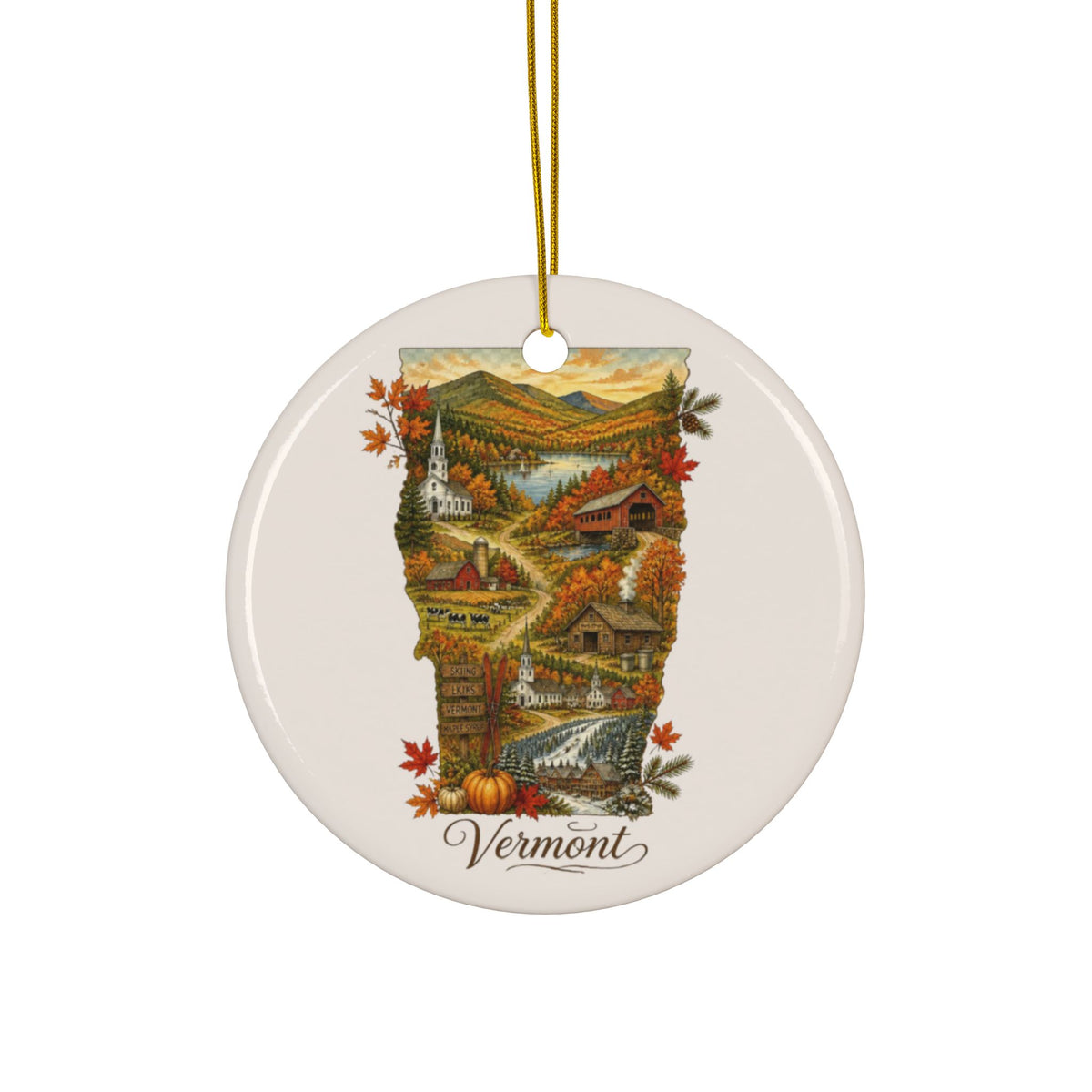 Vermont Autumn Landscape Ceramic Ornament | Round 2-Side Print - 2.99" Includes Gold String
