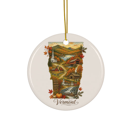 Vermont Autumn Landscape Ceramic Ornament | Round 2-Side Print - 2.99" Includes Gold String