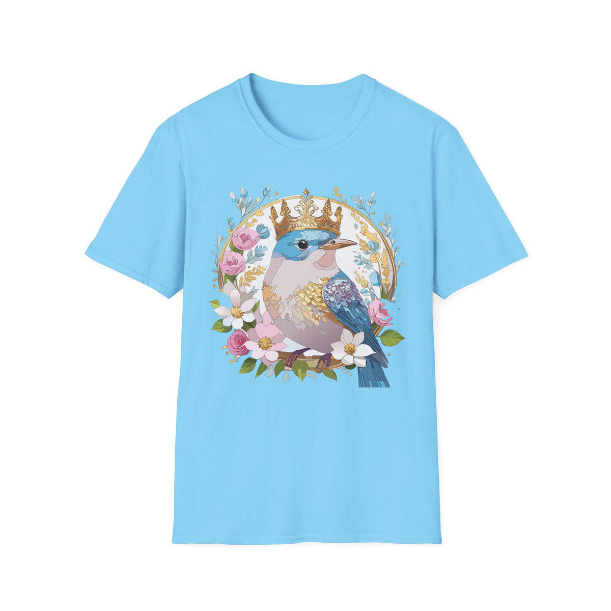 Crowned Bluebird with Floral Wreath T-Shirt | Royal Bird Illustration