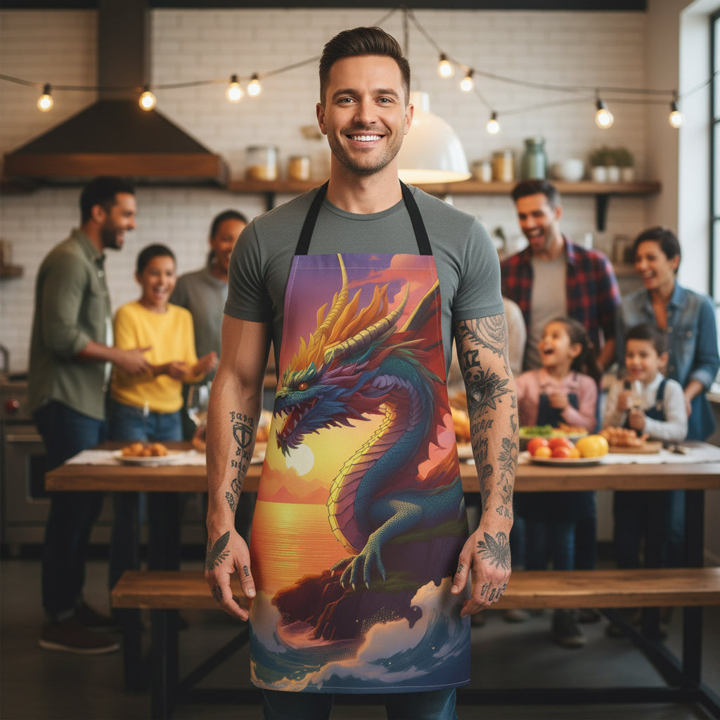 Sunset Dragon Apron — Colorful Fantasy Kitchen Apron Stain-Resistant - Art Print Canvas Apron