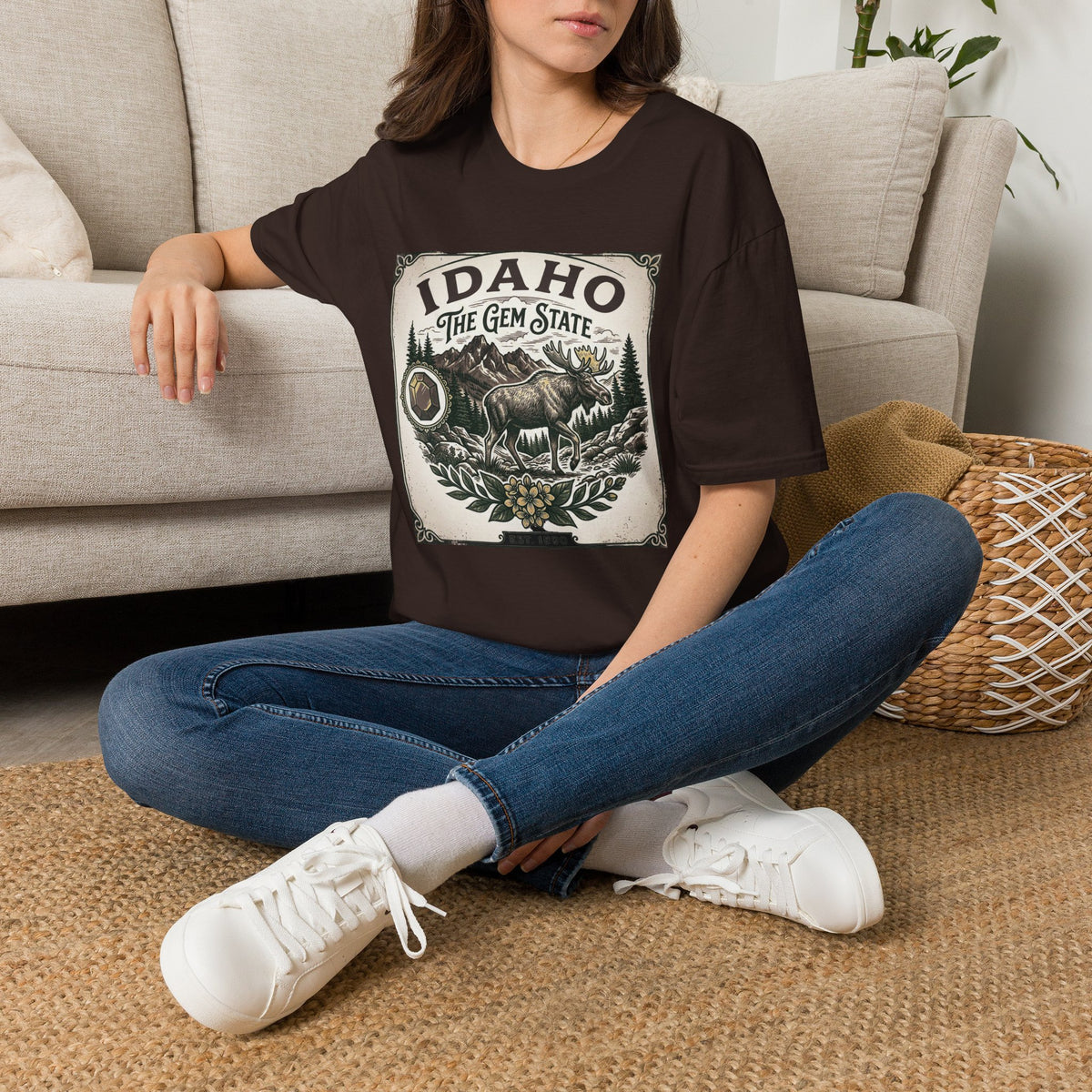Idaho The Gem State Vintage Moose Travel Tourist Graphic Design Unisex 100 Cotton Gildan T-Shirt