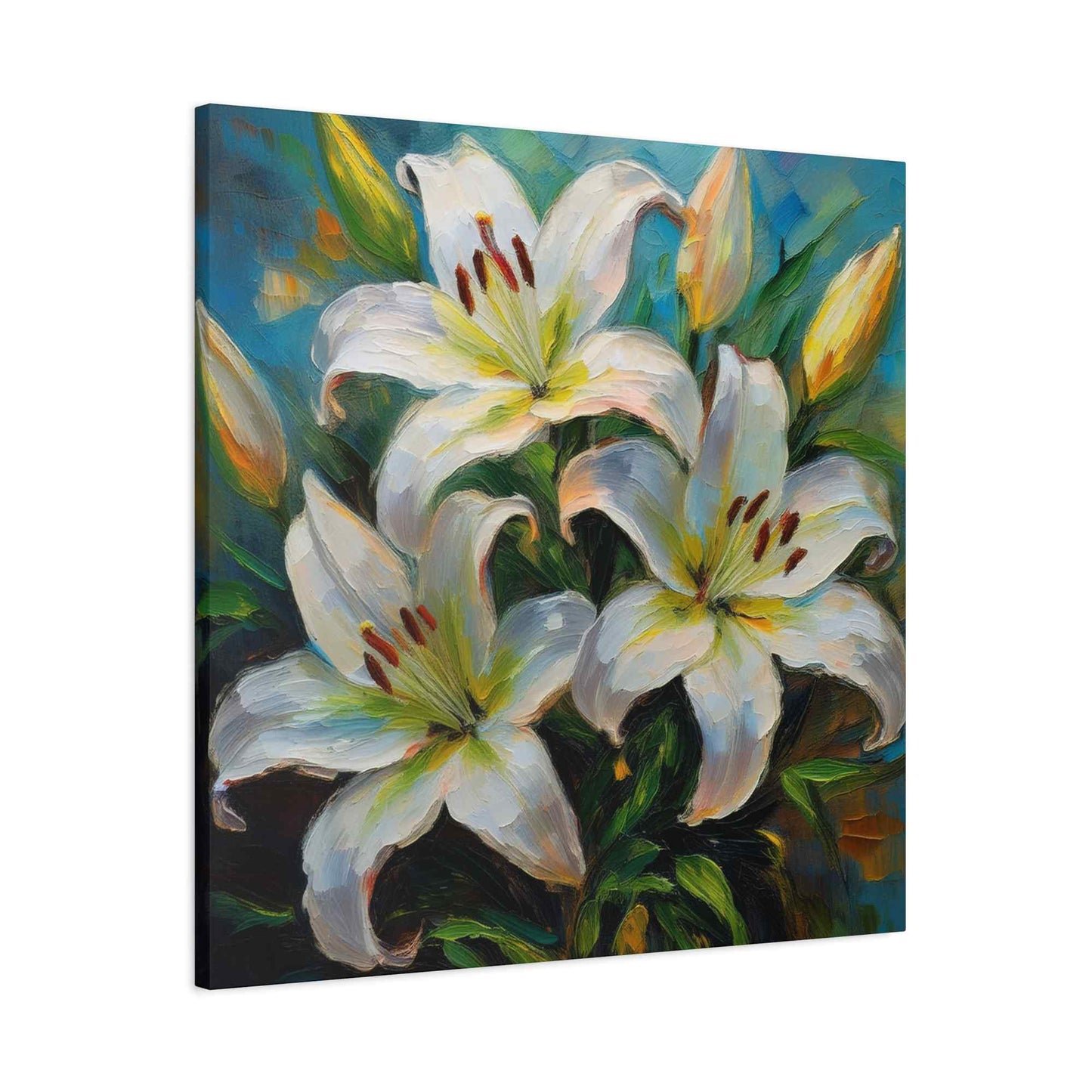 White Lilies Print Canvas, Floral Oil Paint Print 20x20, 24x24, 30x30, 32x32, 36x36 Art Design Pine-Wood Inner Frame MC-154