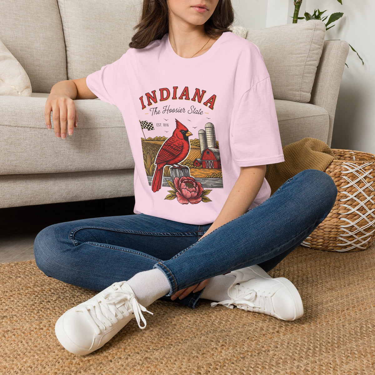 Indiana Cardinal Bird Farm Tee — Indiana The Hoosier State Graphic Travel Tourist Graphic Design Unisex 100 Cotton Gildan T-Shirt