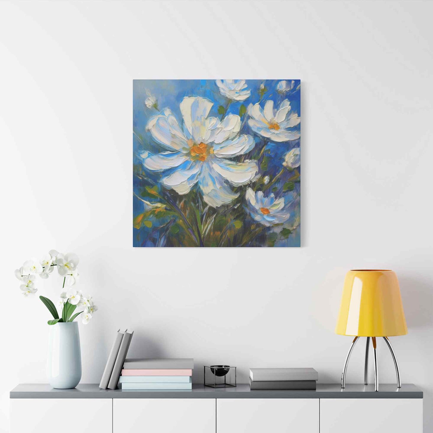 White Flowers Print Canvas, White Flowers Oil Paint Print 20x20, 24x24, 30x30, 32x32, 36x36, Art Design Print Non-Frame MC-7