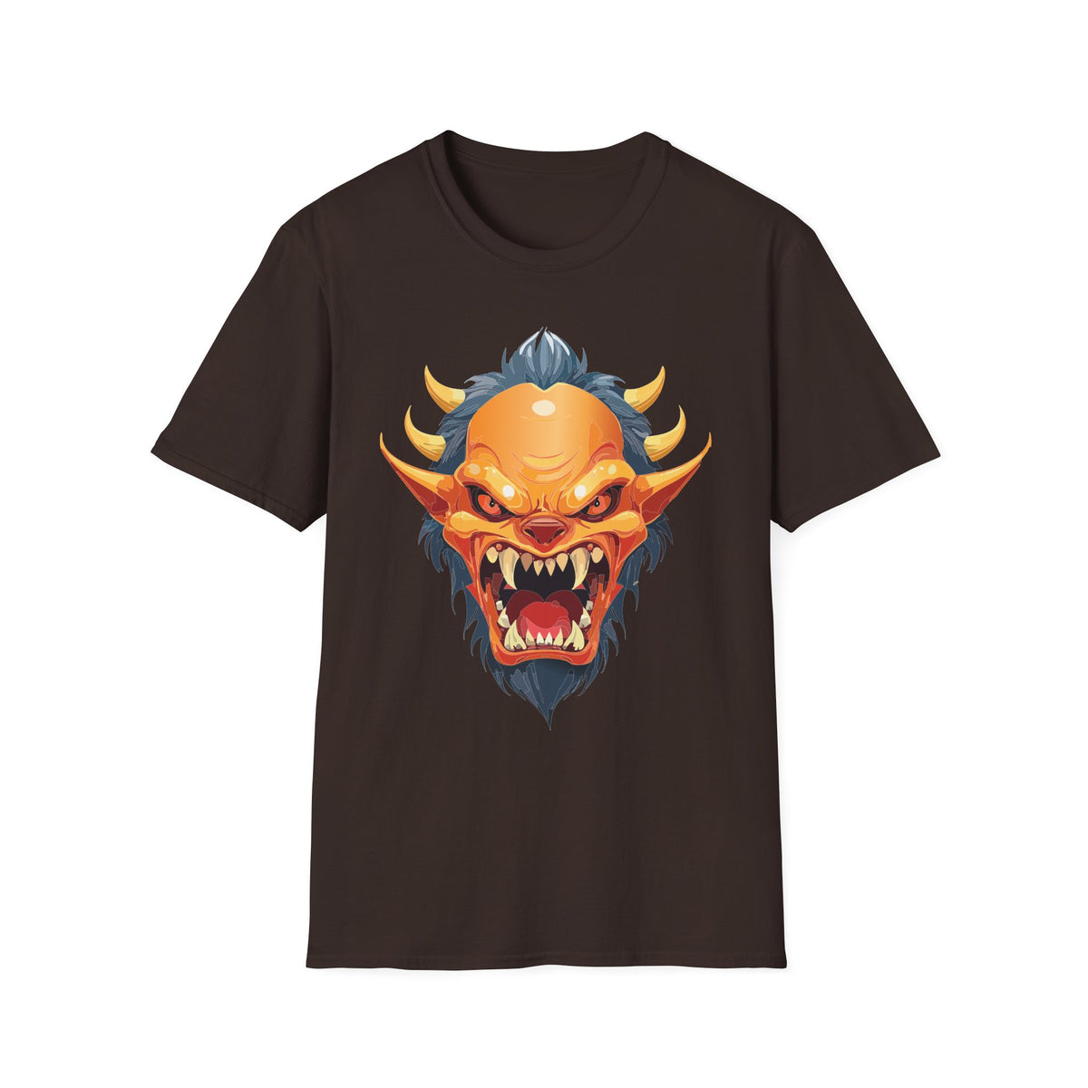 Demonic Oni Mask T-Shirt — Fierce Japanese Demon Face Cartoon Graphic Tee Unisex 100 Cotton Gildan T-Shirt