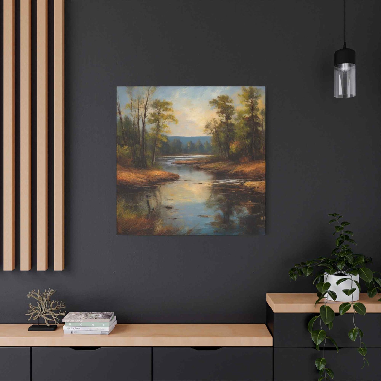 River Print Canvas, Landscape Oil Paint Print 20x20, 24x24, 30x30, 32x32, 36x36 Art Design Print Pine-Wood Inner Frame MC-51